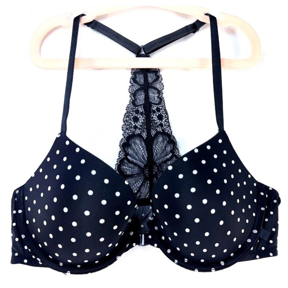 Victoria's Secret Black Polka Dot Sheer Lace Racerback Front Clasp Demi Bra 34C